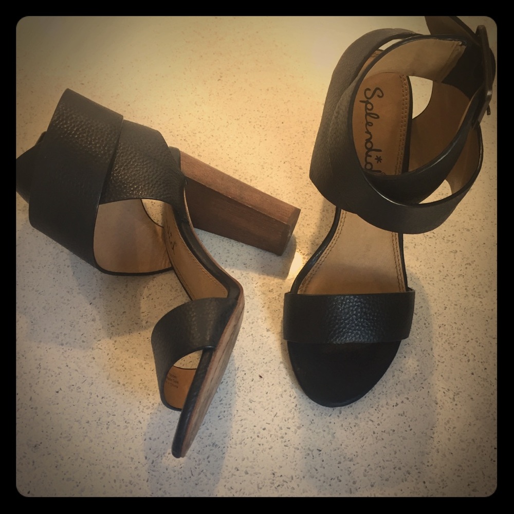 Black leather wooden heeled sandals